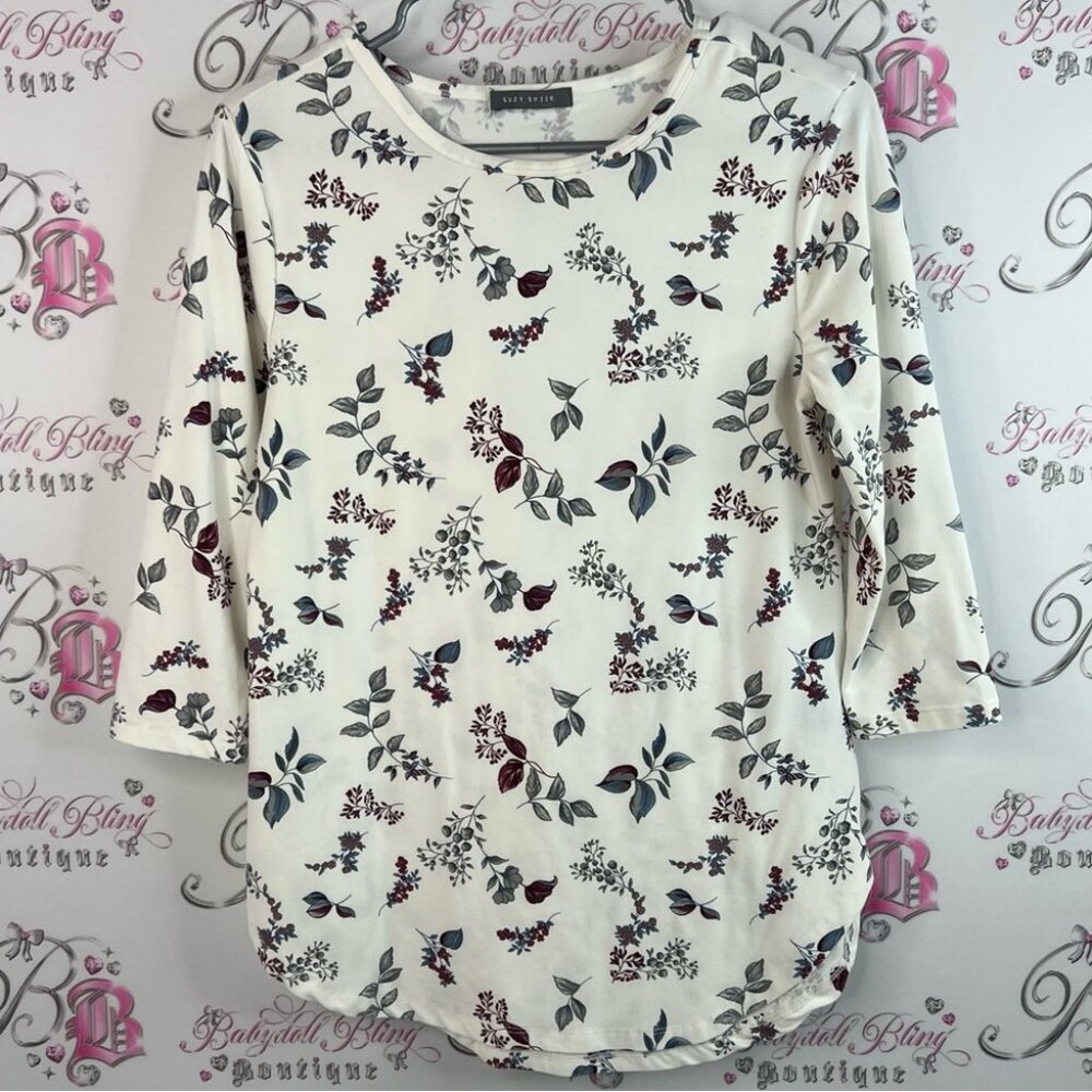 Suzy Shier shirt flowers leafs Floral Long Sleeve Top - Cream white red blue
